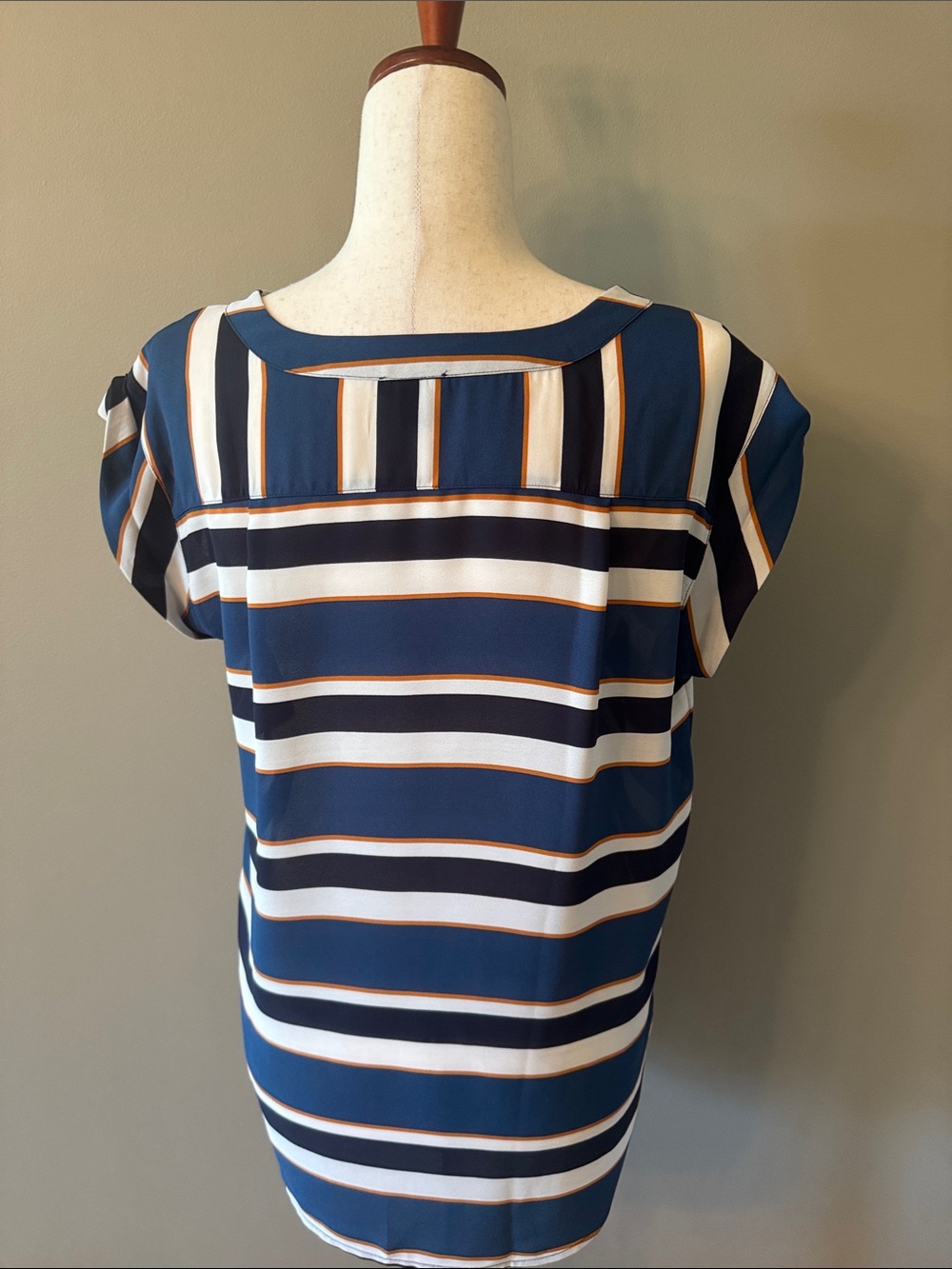 Ann Taylor Factory Navy, White and Gold Striped Cap-Sleeve Blouse - Picture 5 of 8